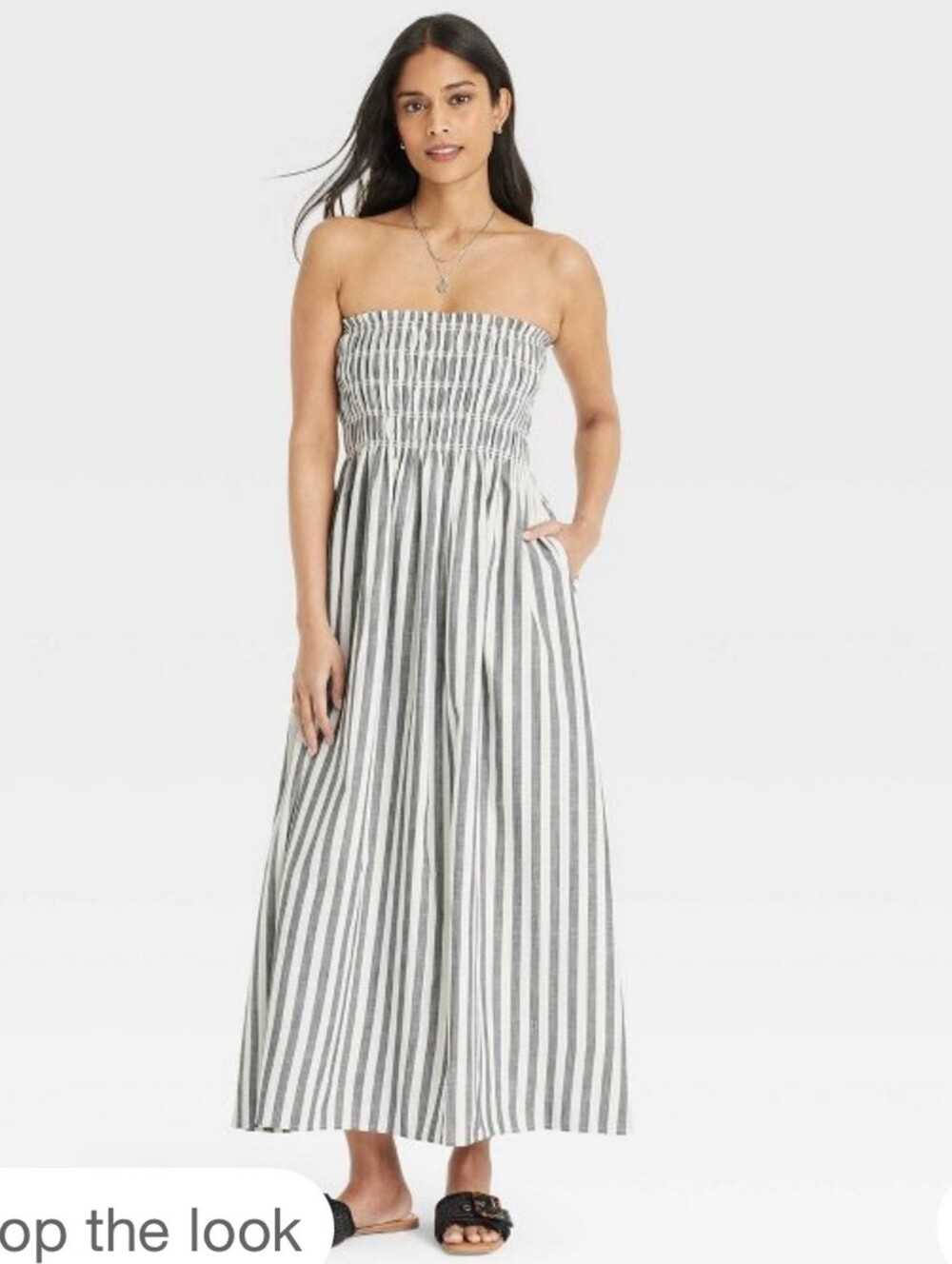 Universal Thread White & Gray Striped Smocked Strapless Maxi Dress